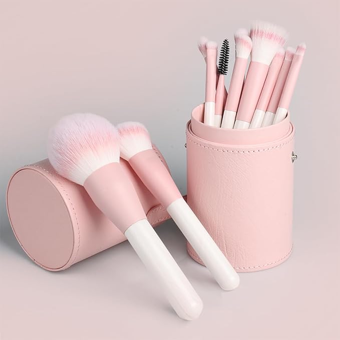 Makeup Brush Holder, Makeup Brush Organizer for Vanity, Portable Waterproof PU Leather Travel Makeup Brush Case Bag (Pink)