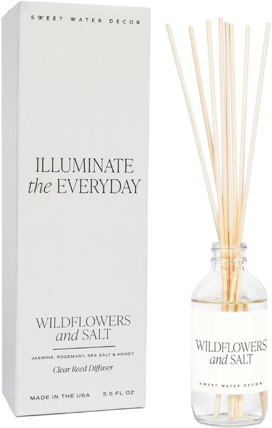 Sweet Water Decor Wildflowers and Salt Reed Diffuser Set - Lemon, Rosemary, and Leafy Green Scented Diffusers - Scent Diffusers for Home, Long Lasting Fragrance, Made in The USA