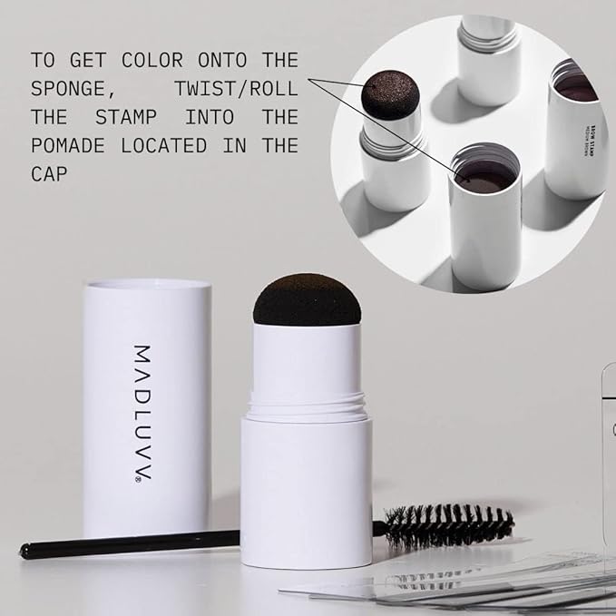 MADLUVV Brow Stamp Kit with Brow Stencils – Easy Eyebrow Shaper for Natural-Looking Brows – Popular Eyebrow Stencil Kit Used by Professionals – 9 Shapes, Spoolie, Travel Bag & Stamp (Dark Brown)