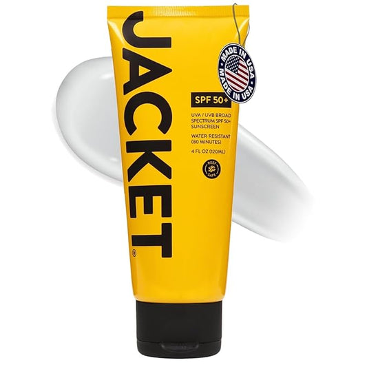 JACKET Sunscreen SPF 50+ | Mineral Sunscreen with Vitamin C | Water Resistant 80 Min, Natural, Reef Safe | UVA/UVB Broad Spectrum Protection for Face & Body, 4 FL Oz