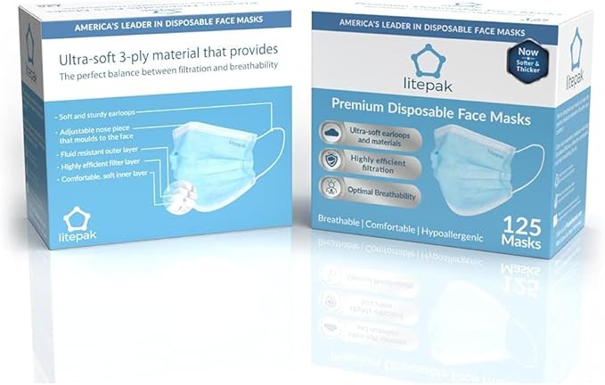 Litepak 125-Pack Disposable Face Mask Premium Comfort Earloops with Dispenser Box