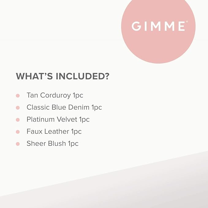 Gimme Beauty - Hair Scrunchies Variety Pack - Denim, Corduroy, Faux Leather, Blush, and Velvet Scrunchies - Gentle All Day Hold Hair Styling Accessories - No-Slipping, Snagging or Creasing (5 Count)