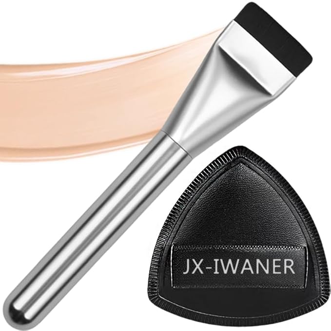 Flat Foundation Brush + Makeup Sponge, Korean Makeup Set Liquid Foundation Concealer Brush and Makeup Sponge for Blending, Cream, Premium Face Makeup