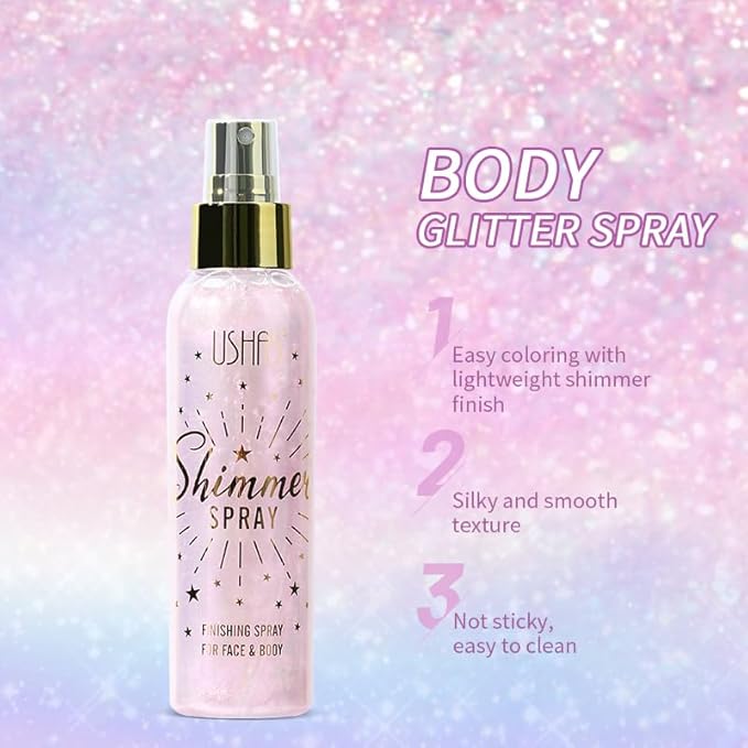 USHAS Body Glitter Spray 3.72 fl.oz - Temporary Body Shimmer Spray for Face, Hair, Clothing, Long Lasting Quick-Drying Shiny for Music Festival Rave (01)