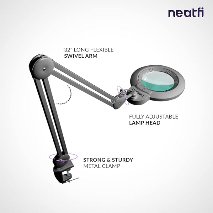 Neatfi XL Bifocal LED Magnifying Lamp, 7-Inch Acrylic Lens, 5D/20D Magnification, Hands-Free, Dimmable, 84 SMD LED, Adjustable Arm for Crafts, Reading, Close Work (Silver, with Clamp)