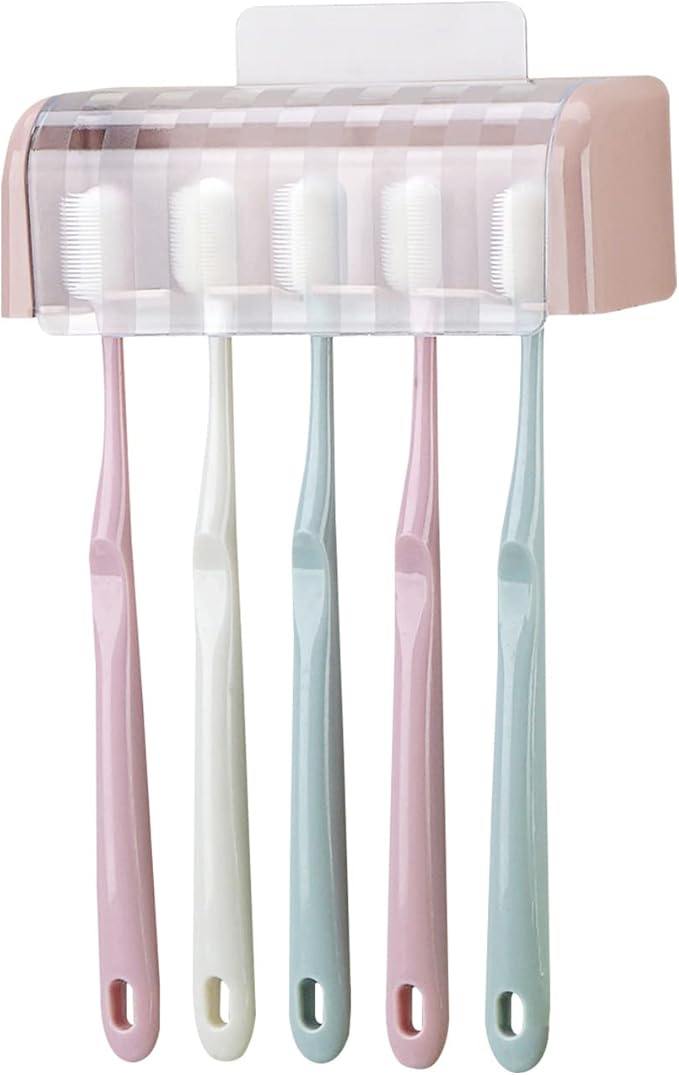 5 Slots Wall Mount Toothbrush Holder with Cover, Self Adhesive Toothbrush Storage Organizer for Shower, Toothbrush Hanger for Bathroom, Medicine Cabinet, Dorm (Pink)