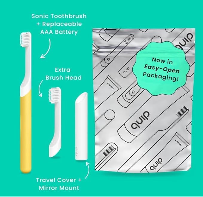 Quip Kids Electric Toothbrush, Battery-Powered Sonic, Yellow, with 2-Min Timer, Extra Head and Travel Cover