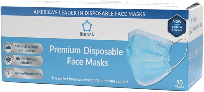Litepak 2000pcs Disposable Face Masks Black 3-Ply Adult Mask Nose Wire Protection - Breathable Protective Face Covering
