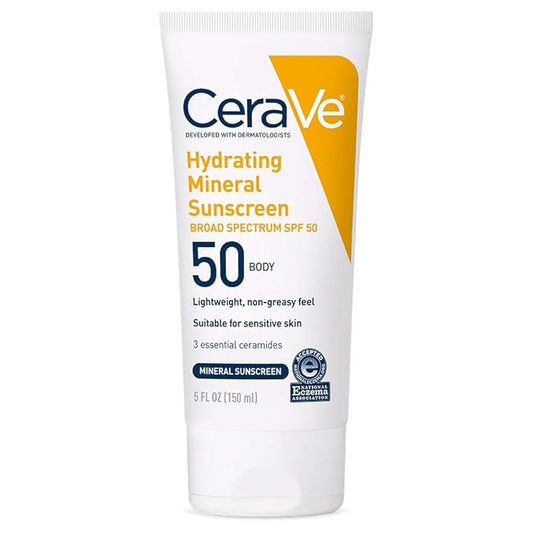 CeraVe 100% Mineral Sunscreen SPF 50 with Zinc Oxide & Titanium Dioxide, Hyaluronic Acid & Ceramides, Oil Free & Non-Greasy, Hydrating Mineral Sunscreen For Body, 5 oz