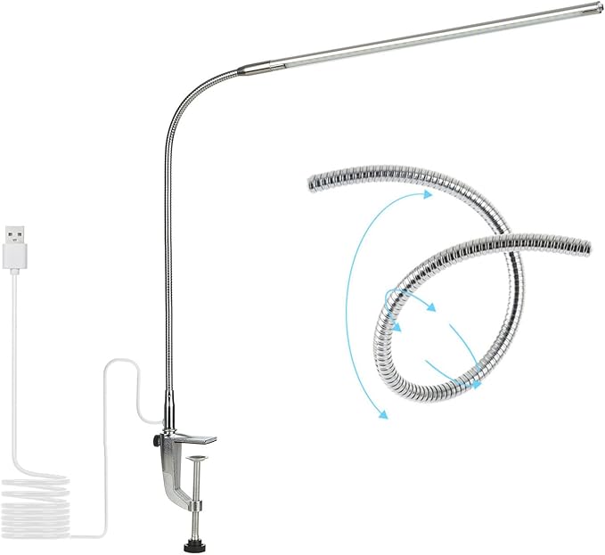 USB LED Desk Lamp, Adjustable Clip On Nail Lamp Light Eye Care Gooseneck 360° Swivel with Switch LED Clamp Light for Manicure Reading Tattoo