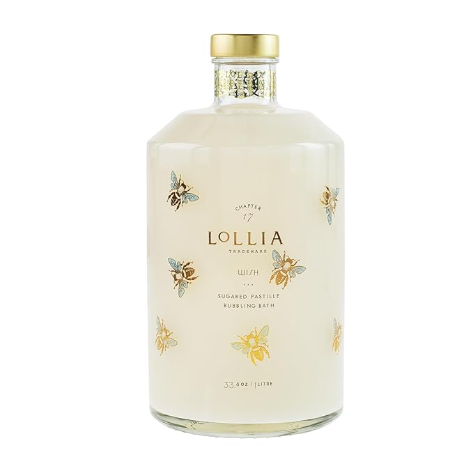 Lollia Wish Bubble Bath, 33.8 fl oz, Vanilla Bean, Rice Flower, Jasmine Leaves, & Sugar Cane, Luxury Hydrating Women's Bubbling Bath Soap, Delicate & Relaxing Scented Skin Care