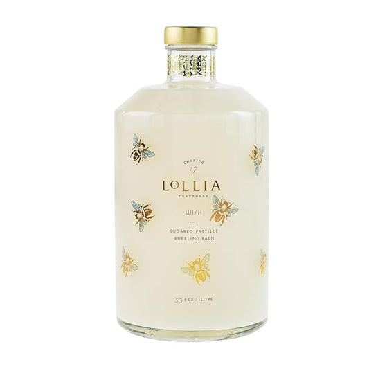 Lollia Wish Bubble Bath, 33.8 fl oz, Vanilla Bean, Rice Flower, Jasmine Leaves, & Sugar Cane, Luxury Hydrating Women's Bubbling Bath Soap, Delicate & Relaxing Scented Skin Care