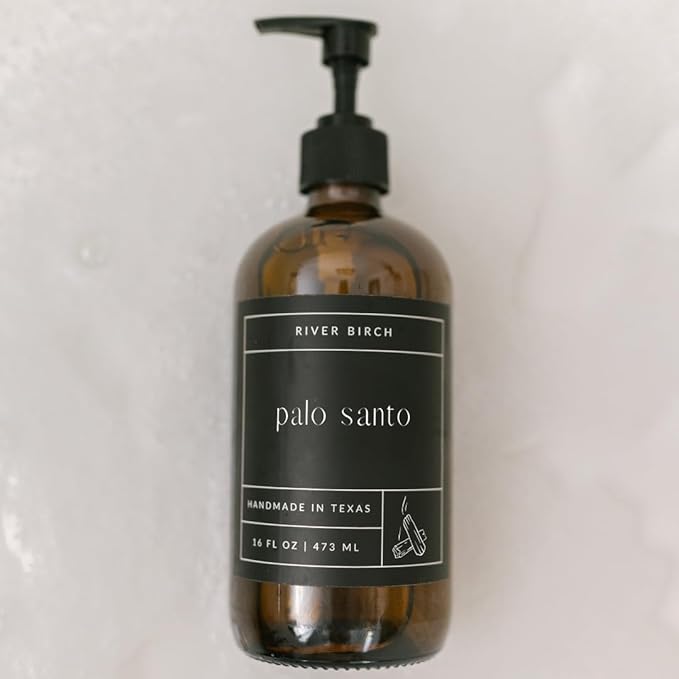River Birch Palo Santo Scented Natural Hand Soap - Handmade Soap - Moisturizing Hand Wash with Amber Glass Dispenser - Luxury Scented Hydrating Hand Soap - Vegan and Non-Toxic - 16 Fl Oz