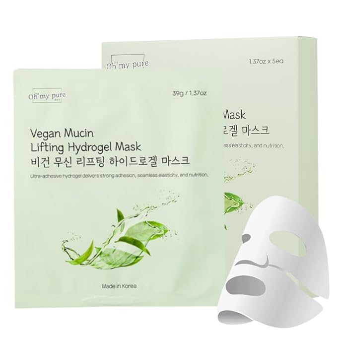 Vegan Mucin Lifting Hydrogel Collagen Face Mask 4+1 ea Ultimate Hydration, Improves Skin Texture, Soothing, Elasticity, Glowing Skin, Reduces Fine Lines & Wrinkles, Made in Korea OHMYPURE (5, Vegan)