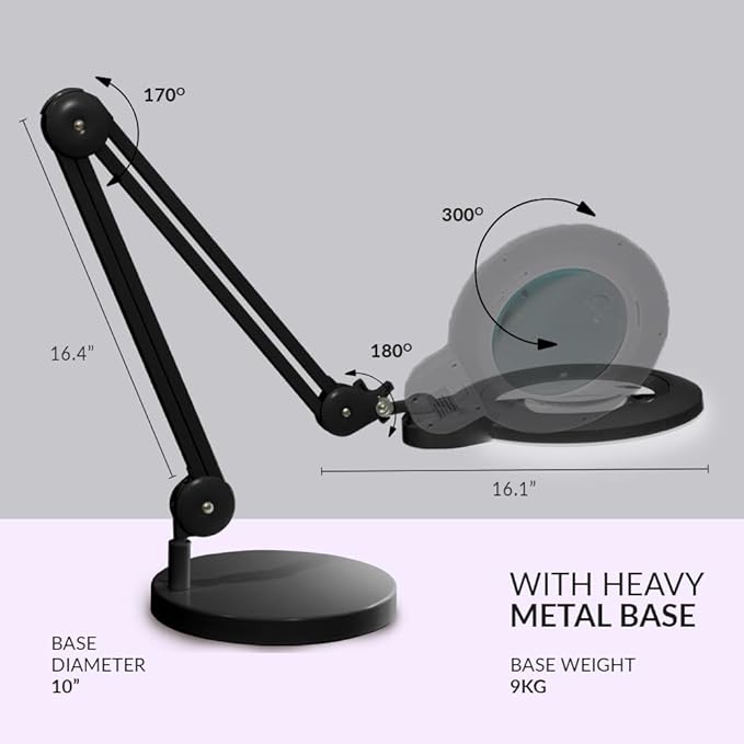 Neatfi XL Bifocal LED Magnifying Lamp, 7-Inch Acrylic Lens, 5D/20D Magnification, Hands-Free, Dimmable, 84 SMD LED, Adjustable Arm for Crafts, Reading, Close Work (Black, with Base)