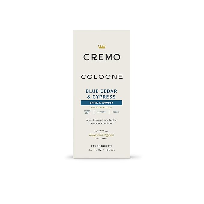 Cremo Cologne For Men - Blue Cedar & Cypress Mens Cologne Spray, A Woodsy Scent with Notes of Lemon Leaf, Cypress and Cedar, Multi-Layered Signature Men's Fragrances, 3.4 Fl Oz