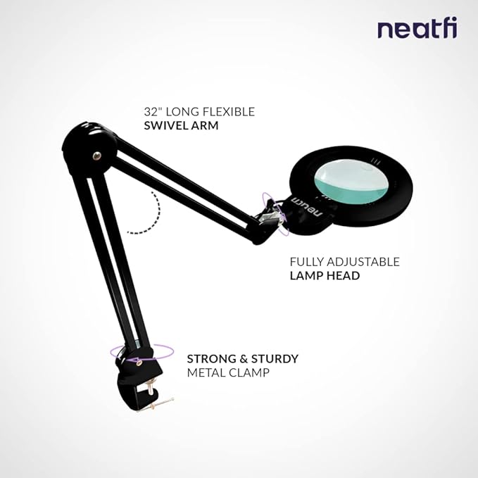 Neatfi XL Bifocal LED Magnifying Lamp, 7-Inch Acrylic Lens, 5D/20D Magnification, Hands-Free, Dimmable, 84 SMD LEDs, Adjustable Arm for Crafts, Reading, Close Work (Black, CCT with Clamp)