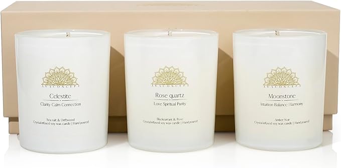 Soy Candles - Crystal Candles with Rose Quartz Moonstone Celestite - Scented Wax Gift Set - Black Currant & Rose, Amber Noir, Sea Salt & Drift Wood - 3 Pack 3.5oz