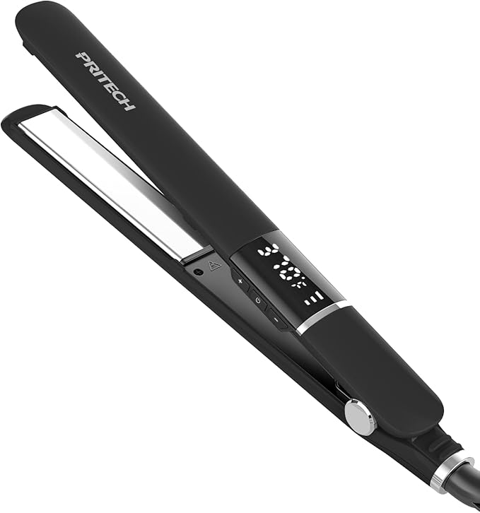 PRITECH Flat Iron Hair Straightener, Titanium Flat Iron with Adjustable Temp(290°F-450°F), 1 inch Plate for All Hairstyles Anti-Scald Dual Voltage Straightening and Curler 2 in 1 (Black)