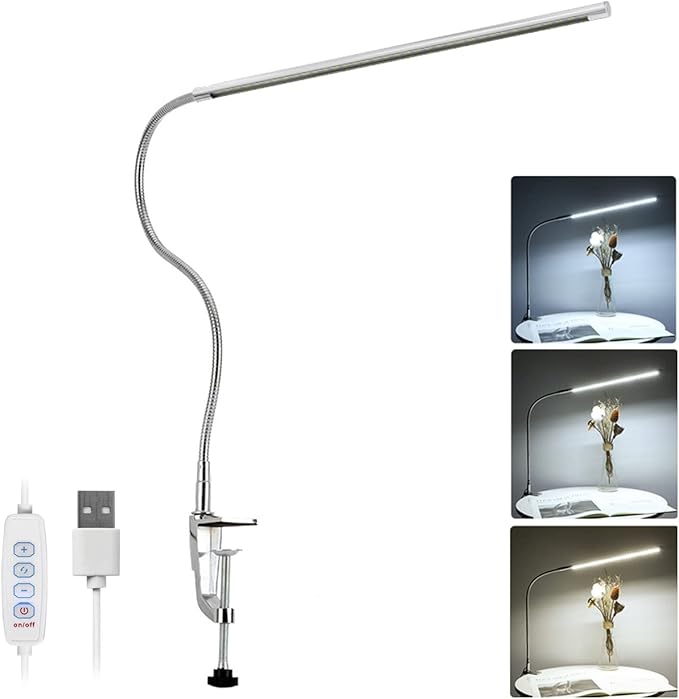 Desk Lamp with Clamp, 3 Modes 10 Brightness 360° Rotation Eye-Caring Reading Light,8W Long Flexible Gooseneck, Architect Task Lamp, USB Clamp Light for Home Office Manicure Reading