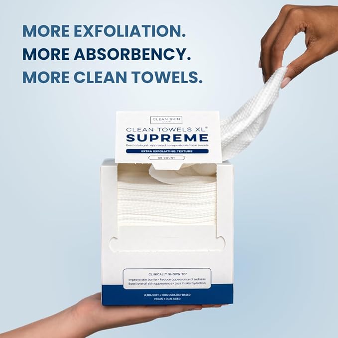 Clean Skin Club Clean Towels XL® Supreme, 100% USDA Biobased Face Towel, Disposable Face Towelette, Eczema Association Accepted, Thicker Textured Makeup Remover Dry Wipes, 1 Pack, 50 Ct