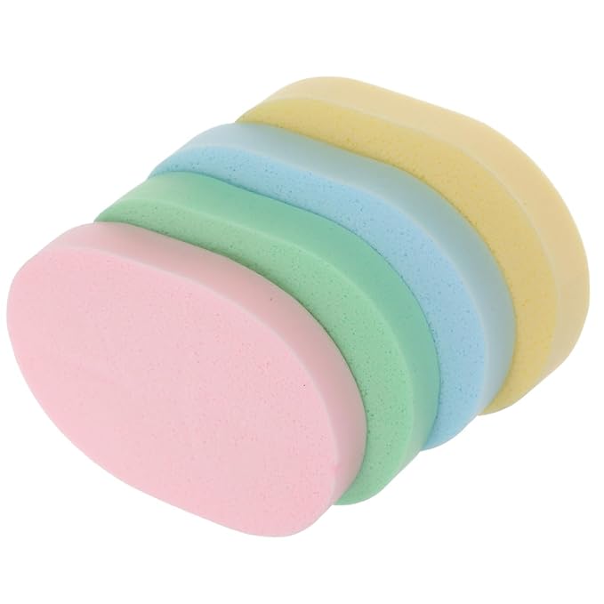 minkissy 4pcs Oval Face Cleaning Sponges for Gentle Exfoliation and Makeup Removal Soft Cleansing Pads Green Blue Pink Yellow for Daily Facial Care