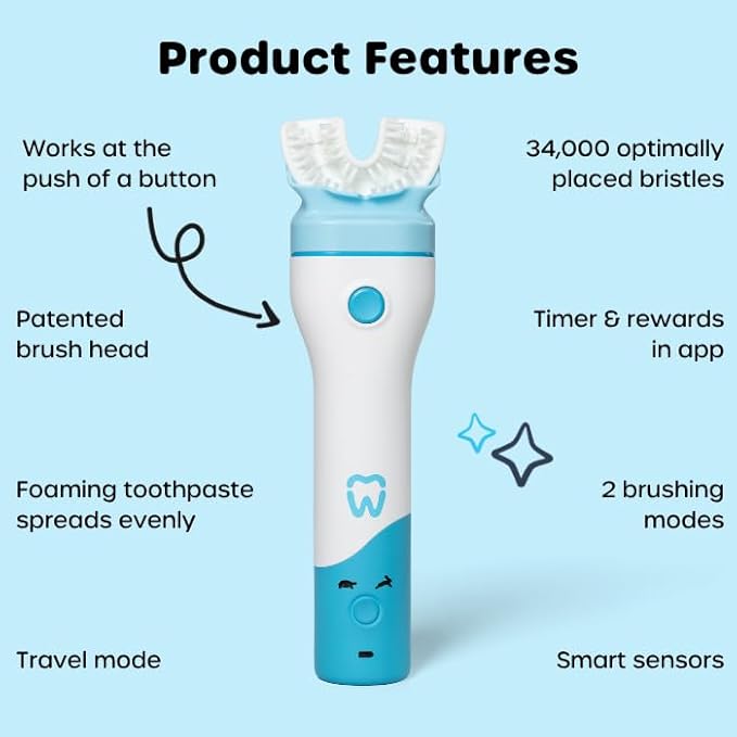 Willo BrushBot Kids U-Shaped Toothbrush Starter Kit – Rechargeable, Smart Electric Toothbrush for Kids Ages 5-7 w/App, Soft Bristles, Plaque Removal, Gentle & Deep Clean Modes | Small Bubble Twist
