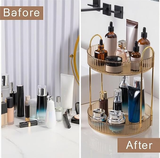 360 Rotating Makeup Organizer, Yellow, Unisex, 2 Tier Countertop Storage, Large Capacity, Cosmetics, Perfume, Skincare, Lipsticks