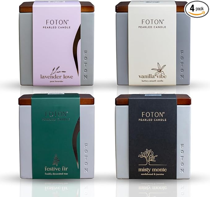 Foton Pearled Candle Le Cube Bundle (4x16oz) – Festive Fir, Misty Monte, Lavender Love & Vanilla Vibe. Refillable, Non-Toxic Pearled Wax Candles with 15 Wicks Each for eco-Luxury Home décor