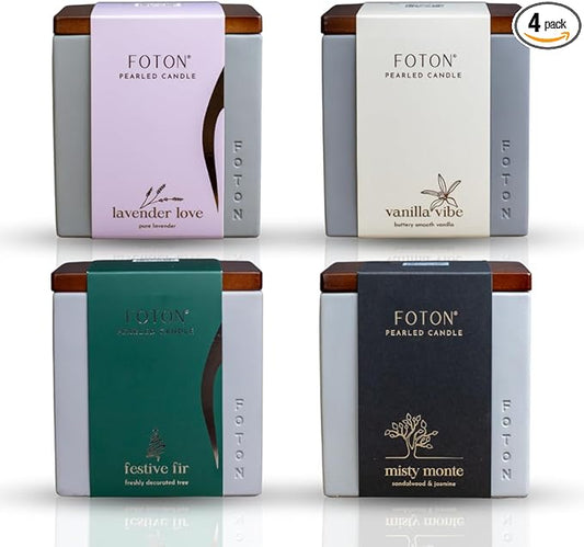 Foton Pearled Candle Le Cube Bundle (4x16oz) – Festive Fir, Misty Monte, Lavender Love & Vanilla Vibe. Refillable, Non-Toxic Pearled Wax Candles with 15 Wicks Each for eco-Luxury Home décor