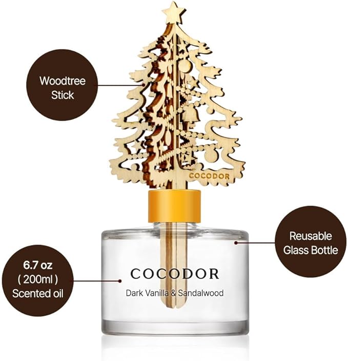 COCODOR Christmas White Tree Reed Diffuser/Snow Dark Vanilla&Sandalwood/ 6.7oz / Scent Fragrance Oil Diffuser for Bedroom Bathroom Home Decor for Xmas & Festive Winter