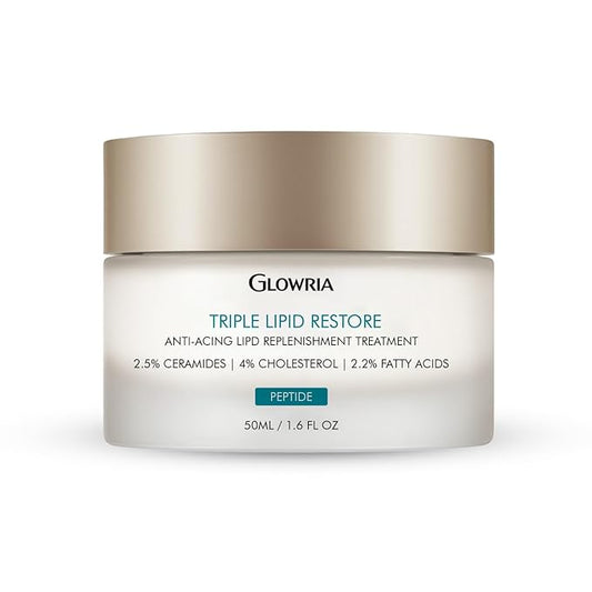 GLOWRIA Triple Lipid Restore Anti-Aging Treatment, 2.5% Ceramides, 4% Cholesterol, 2.2% Fatty Acids, Peptide Formula for Skin Barrier, 1.6 Fl Oz