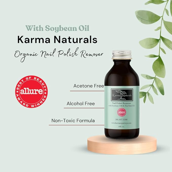 Karma Organic Nail Polish Remover with Soybean Oil and Tea Tree Oil- Non Toxic, Vegan, Cruelty Free, Acetone Free – Nails Strengthener for Fingernails – 4 fl. Oz