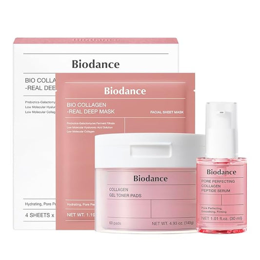 BIODANCE Collagen Pink Glow Trio: Collagen Real Deep Mask & Toner Pads & Peptide Serum for Plumping Hydration, Firming, Korean Skincare, Christmas gift, Stocking Stuffers