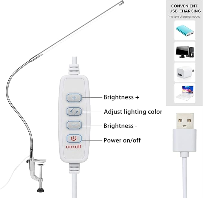 Desk Lamp with Clamp, 3 Modes 10 Brightness 360° Rotation Eye-Caring Reading Light,8W Long Flexible Gooseneck, Architect Task Lamp, USB Clamp Light for Home Office Manicure Reading