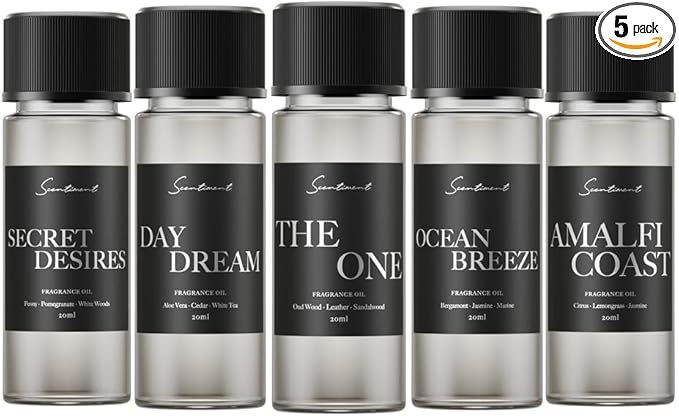 Scentiment Hotel Diffuser Oil Discovery Kit | Inspired by Elite Five Star & Luxury Hotel Scents | Aromatherapy Oils with Notes of Cardamom, Tuscan Leather, and Sandalwood (20ml, Top 5 Scents)