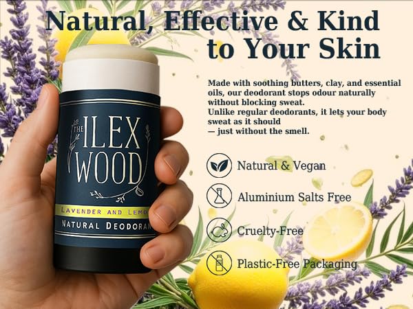 The Ilex Wood Natural Deodorant - 2.4fl oz. Handmade, Aluminum Salt Free, Plastic Free, Cruelty and Alcohol Free, Vegan, Eco Friendly Cardboard Tube – Lavender and Lemon (Fresh and Floral)