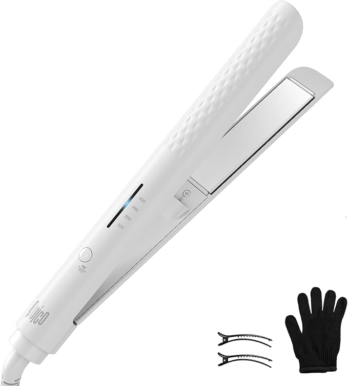 Quico Hair Straightener, 110-240V Global Travel Hair Straighteners for Women, 15s Fast Heating, Professional Negative Ion Flat Iron, Temp Memory, 320℉-450℉, Auto-Off, with Glove and Clips, Gift, White