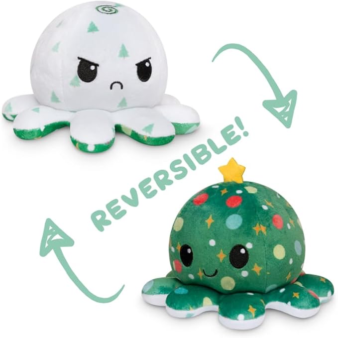TeeTurtle - The Original Reversible Octopus Plushie - Christmas Trees + Ornaments - Cute Sensory Fidget Stuffed Animals That Show Your Mood