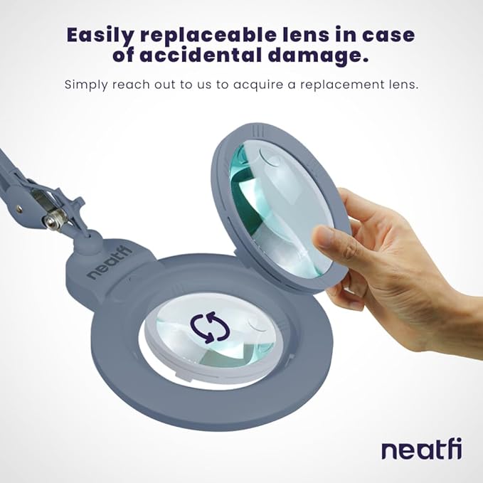 Neatfi XL Bifocal LED Magnifying Lamp, 7-Inch Acrylic Lens, 5D/20D Magnification, Hands-Free, Dimmable, 84 SMD LED, Adjustable Arm for Crafts, Reading, Close Work (Gray, with Clamp)