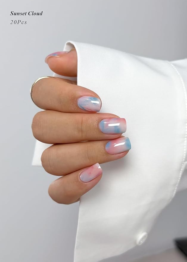 Semi Cured Gel Nail Strips (Sunset Cloud), Blue Red Omber, 20 Pcs Gel Nail Wraps, Stickers, Salon Quality, Works With Any Lamps