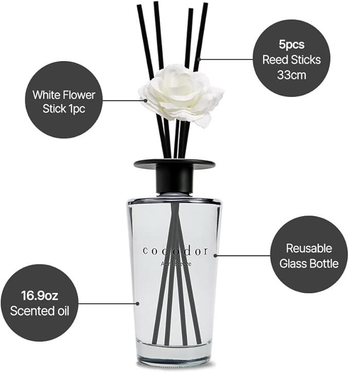 COCODOR White Flower Reed Diffuser / Garden Lavender / 1 Pack / Home & Office Decor Aromatherapy Diffuser Oil Gift Set / Large Size, Large Capacity, Big Size Diffuser, Black Edition/16.9Ounce(500 ml)