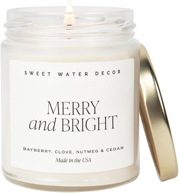 Sweet Water Decor Merry and Bright Candle - Bayberry, Fir, Nutmeg, and Clove Winter Holiday Scented Soy Candles for Home - 9oz Clear Jar, 40 Hour Burn Time, Made in The USA