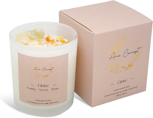 Healing Crystal Candle, Scented Candle Infused Citrin, Clear Quartz Crystals, Lemon Grass&Litchi Scented, Positivity, Energy, Cleansing Wellness, Gift for Women, Aromatherapy Clean Vegan 10Oz Jar