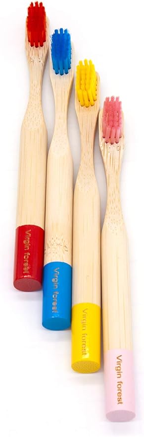 Virgin Forest Kids Bamboo Toothbrushes, Child Size Soft BPA Free Colored Safe Bristles (4 Pack)