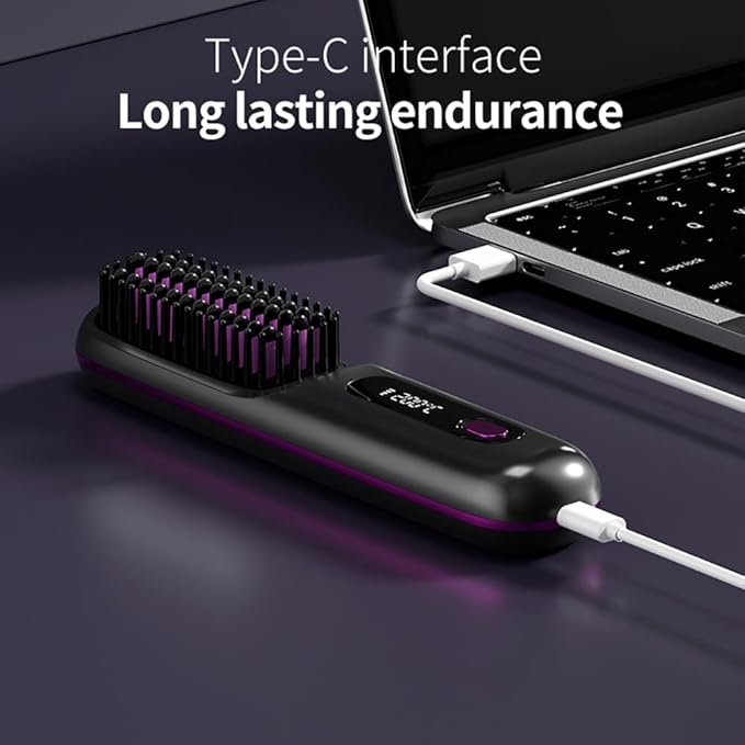 Go Brush Pro 2025 Cordless Hair Straightener Brush – 3 Heat Settings, USB Rechargeable, 2-in-4 Straightener & Curler, Ionic Anti-Static for All Hair Types (Black)