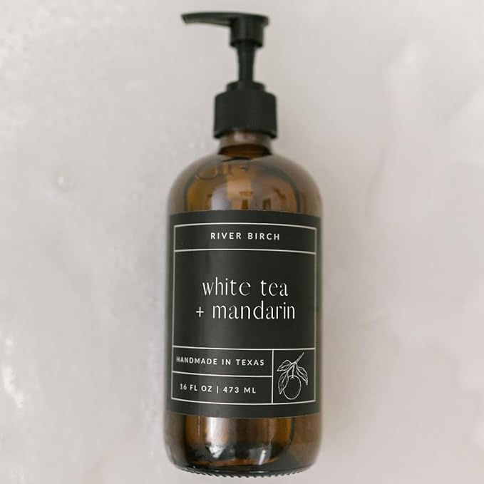 River Birch White Tea + Mandarin Scented Natural Hand Soap - Handmade Soap - Moisturizing Hand Wash with Amber Glass Dispenser - Luxury Scented Hydrating Hand Soap - Vegan and Non-Toxic - 16 Fl Oz