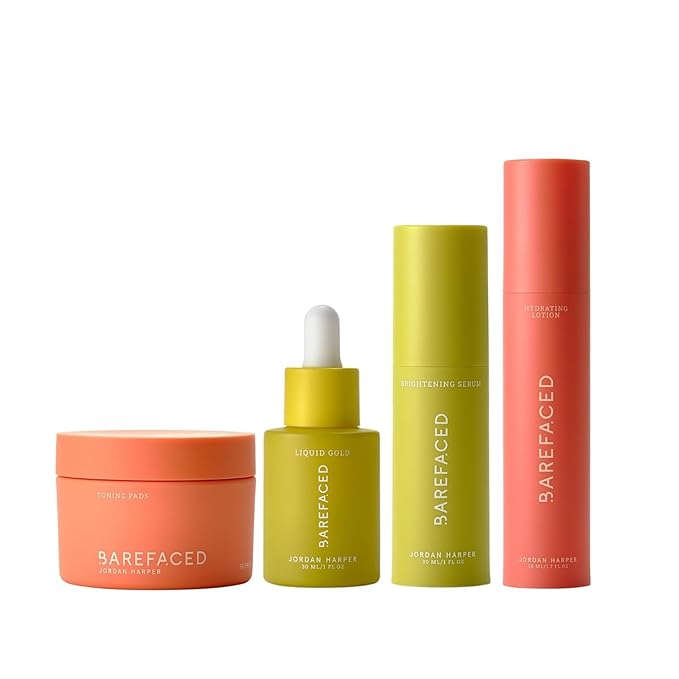 Barefaced Bright Skin Routine - Toning Pads, Brightening Serum, Liquid Gold, & Hydrating Lotion for Smoother, Brighter Skin