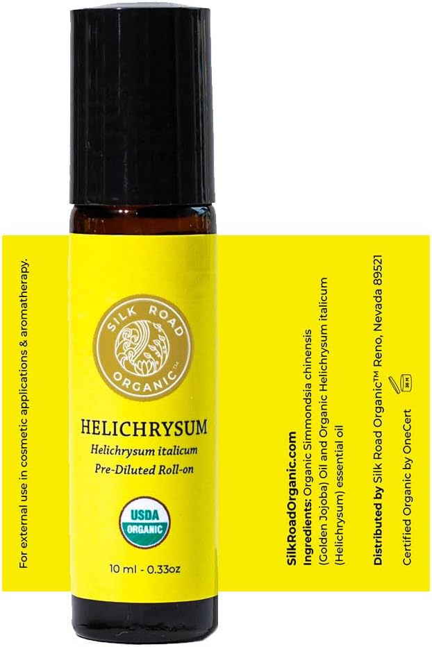 Silk Road Organic Helichrysum Italicum Essential Oil Roll On, USDA Certified, for Skin Vitality & Anti-Aging - 10 ml Aromatherapy Roller - Always Pure, Always Organic