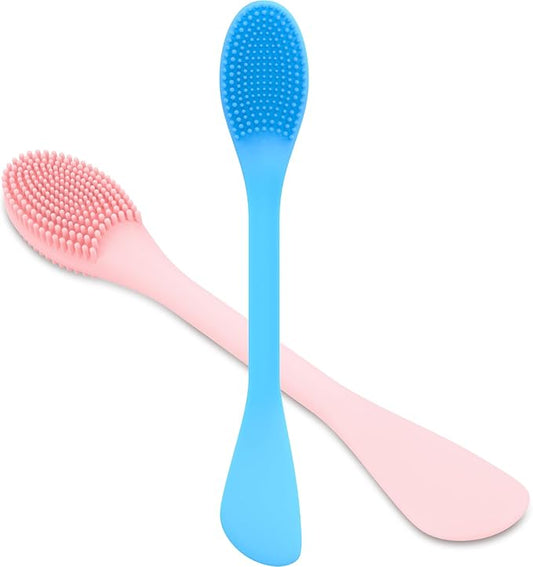 Silicone Facial Cleansing Brush - 2PC Double Ended Exfoliator for Deep Pore Cleaning, Blackhead Removal & Makeup Application - Soft, Hygienic & Waterproof Face Scrubber Massager（Pink + Blue）